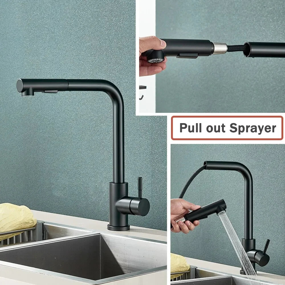 304 Stainless Steel Black Kitchen Faucet Two Function Single Handle Pull