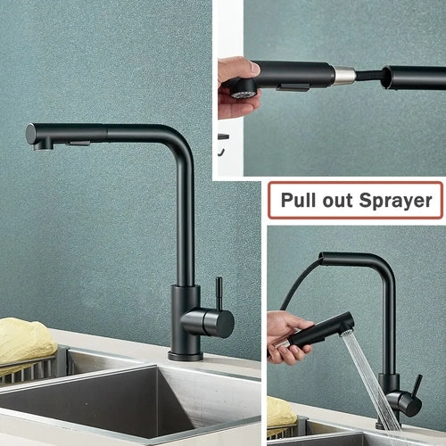 304 Stainless Steel Black Kitchen Faucet Two Function Single Handle Pull