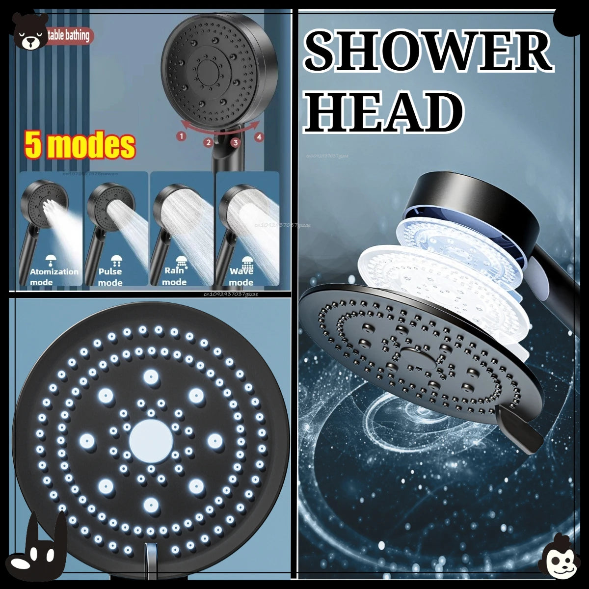 Black 5 Modes Shower Head Adjustable High Pressure Water