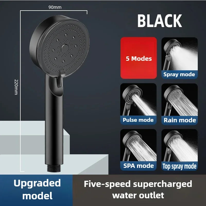 Black 5 Modes Shower Head Adjustable High Pressure Water